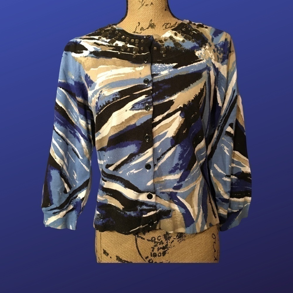 STYLE & CO. Spring Summer Cardigan, JEWELED, Blue/Black/Tan, 3/4 Sleeve, Size L